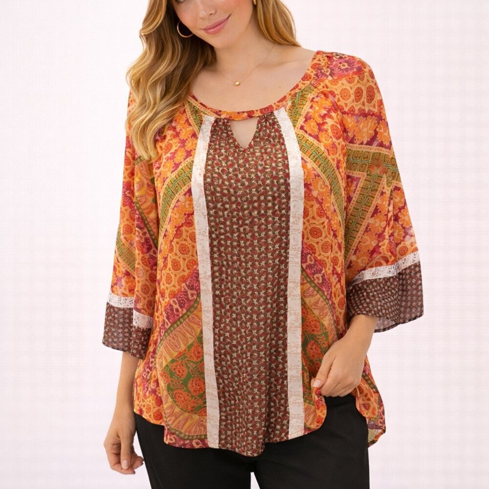 Anthropologie Fig & Flower Top M Boho Mixed Print Crochet Sheer